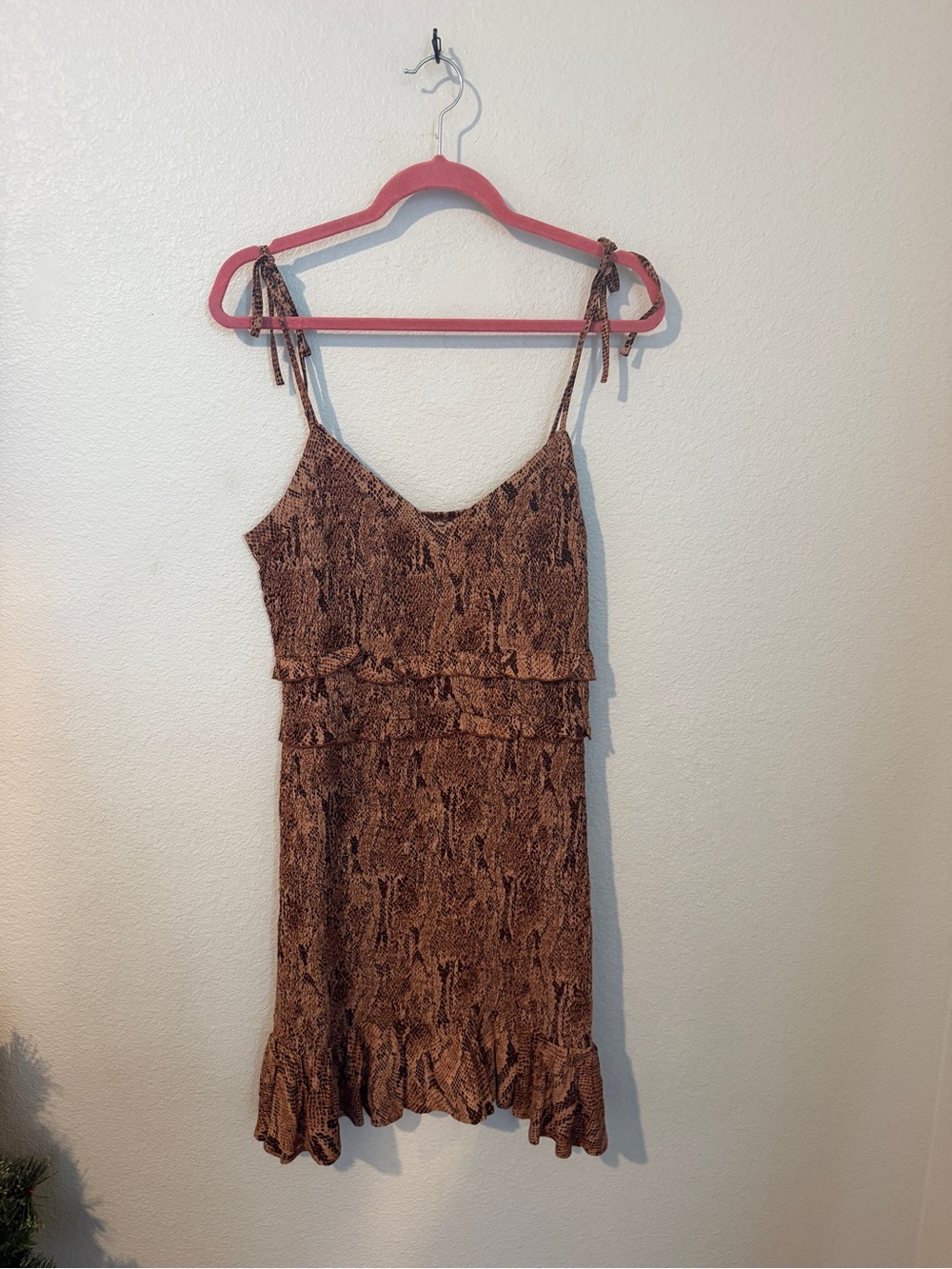 Express Brown Snake-Print Tie-Shoulder Mini Dress